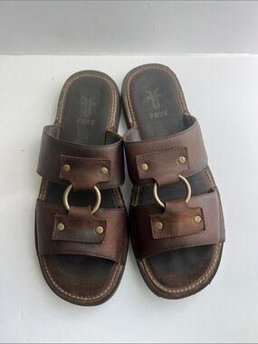 Frye Men's Dark Brown Leather Double-Strap Slide Sandals with Metal Rings